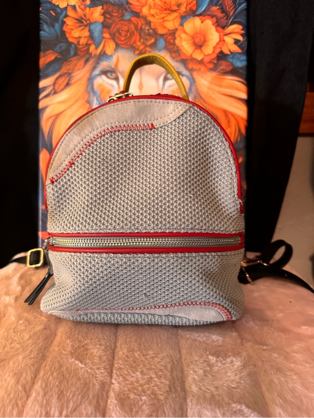 Steve Madden Gray Mini Backpack with Red Trim and Gold Handle